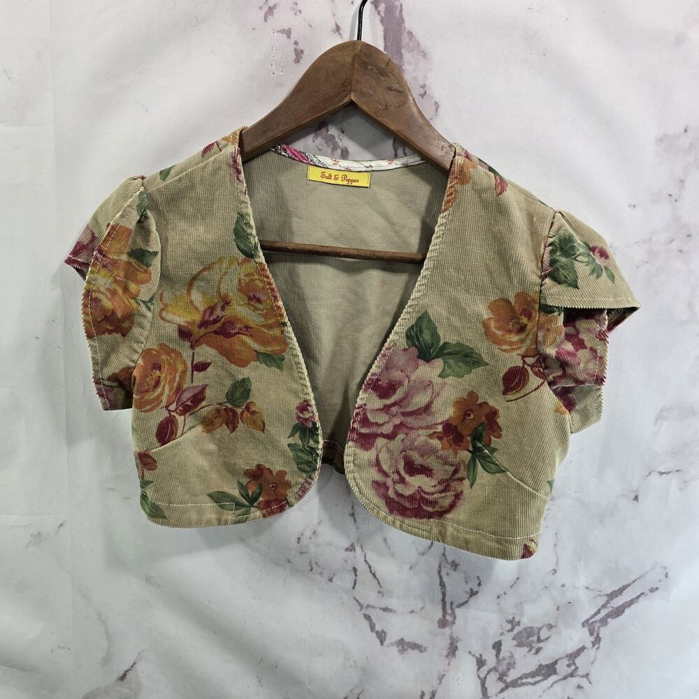 Vintage Y2K Cropped Jacket Womens XS Brown Floral Corduroy Open Salt And Pepper